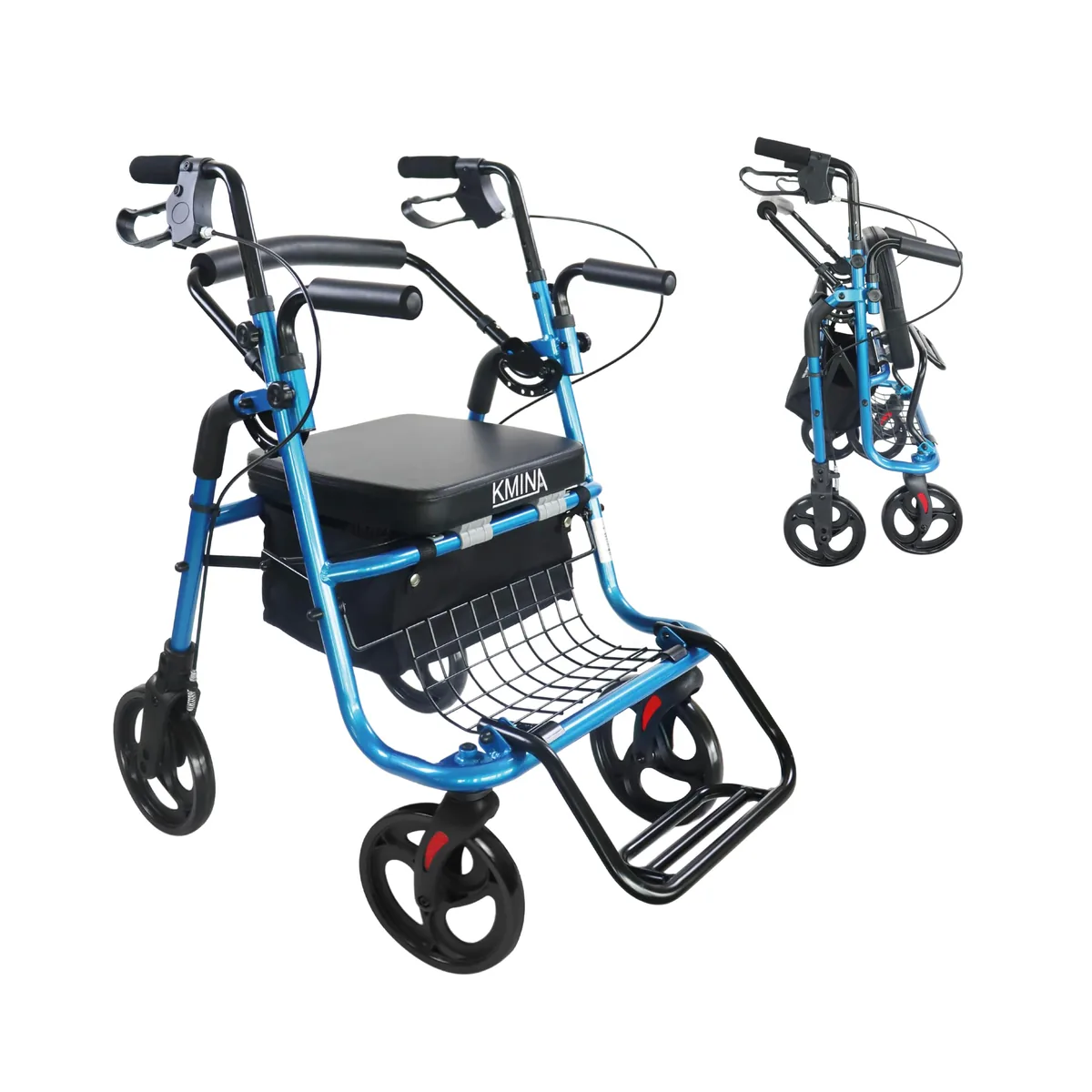 KMINA Andador plegable 2 en 1 con asiento y ruedas, convertible en silla de ruedas