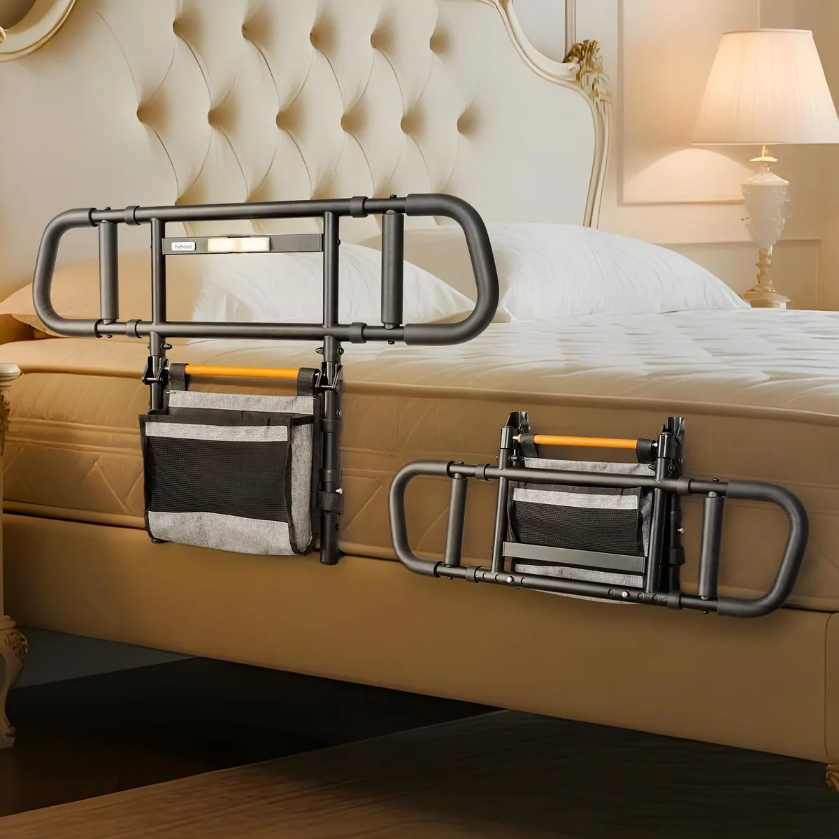 NIMOOD Barandilla de cama con asa ampliada, altura y anchura ajustables, plegable con luz LED