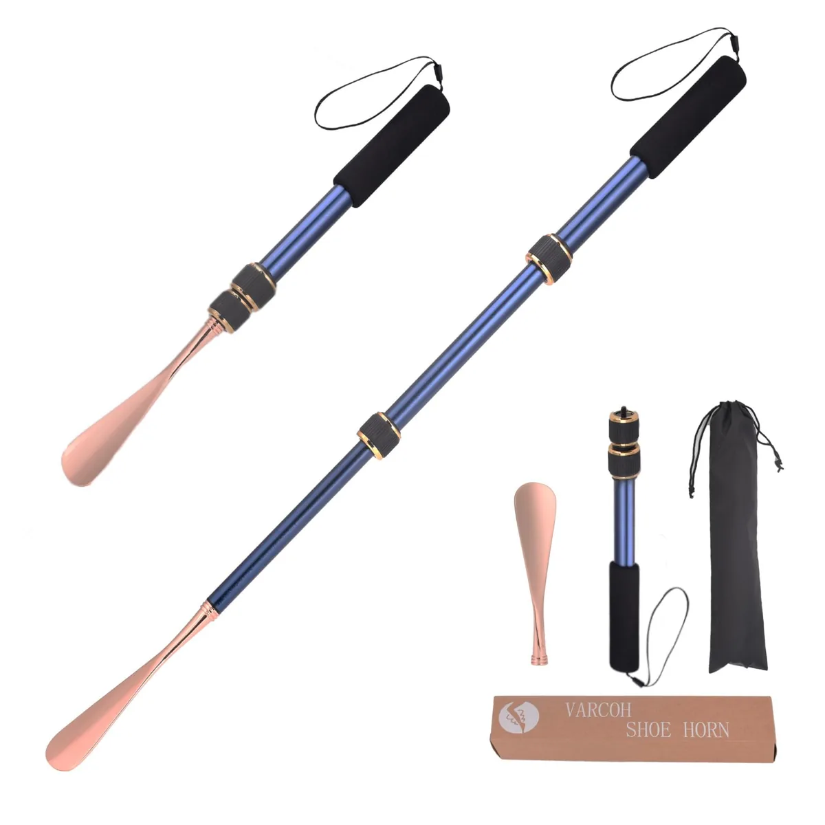 VARCOH Calzador de zapatos retráctil de metal, 43-77 cm, con funda de viaje